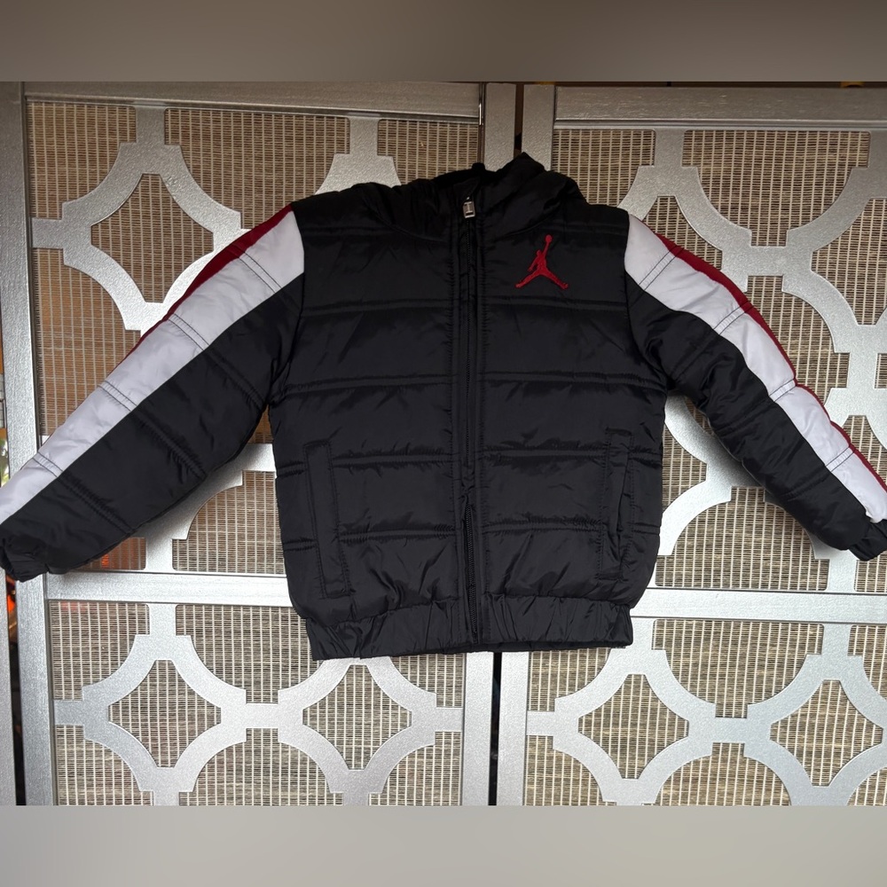 Jordan Black Puffer Jacket with Red and White Stripes - Picture 1 of 6
